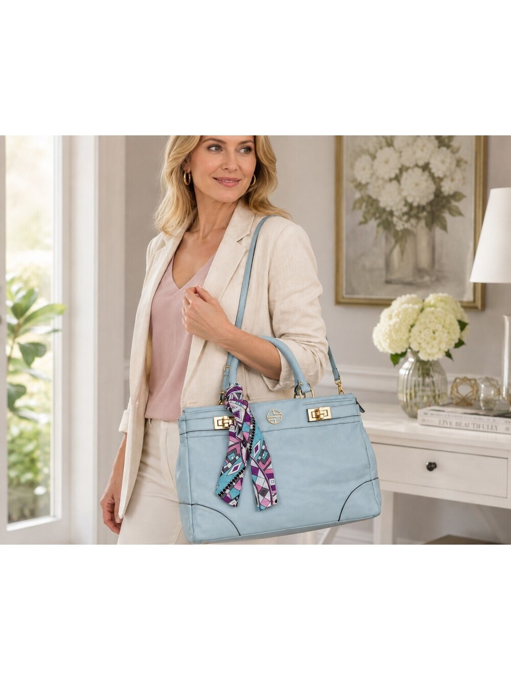 Segolene En Cuir Nadeen Powder Blue Leather Satchel Purse+Long Strap